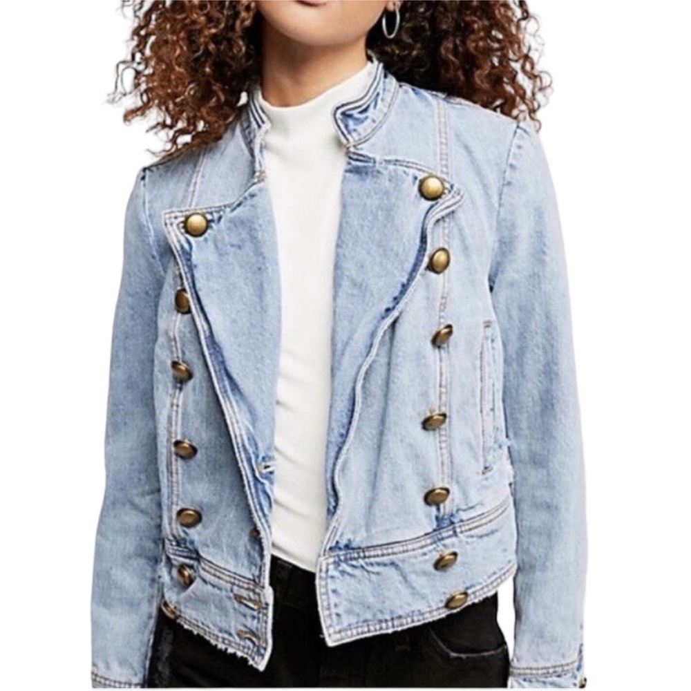 Free People Ferry Denim Jacket Military Distressed Light Blue Wash Medium